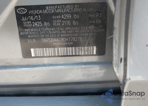 2013 Hyundai Sonata Gls z USA, uszkodzony, nr VIN 5NPEB4AC8DH778278